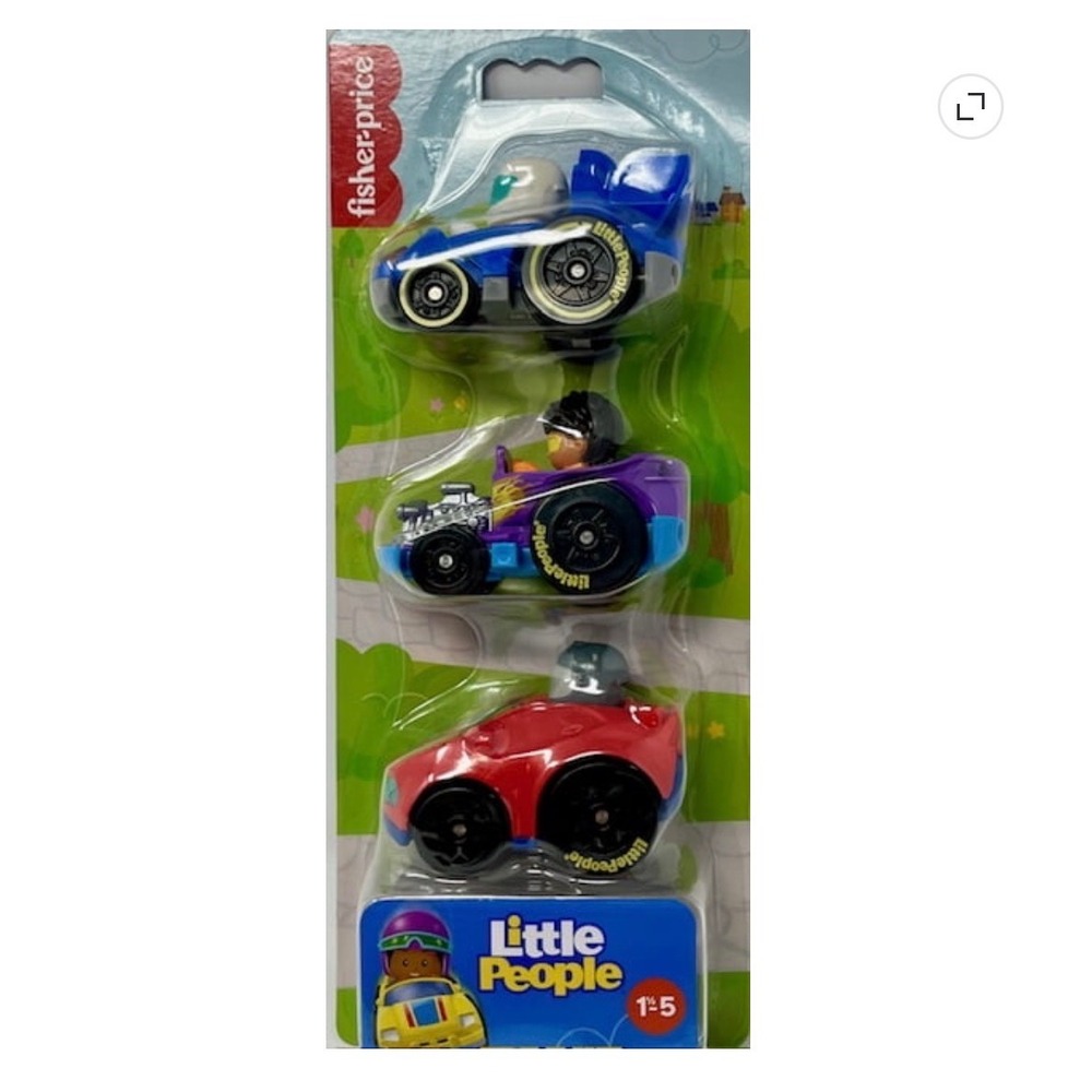 Fisher-Price Little People Wheelies 3-Pack Race Cars Blue Purple Red HRY39